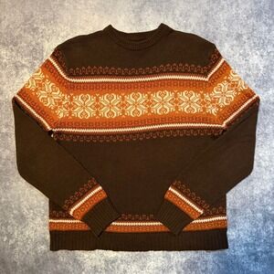 Vintage Sigallo Mens Brown Orange Fair Isle Snowflake Knit Crewneck Sweater XL